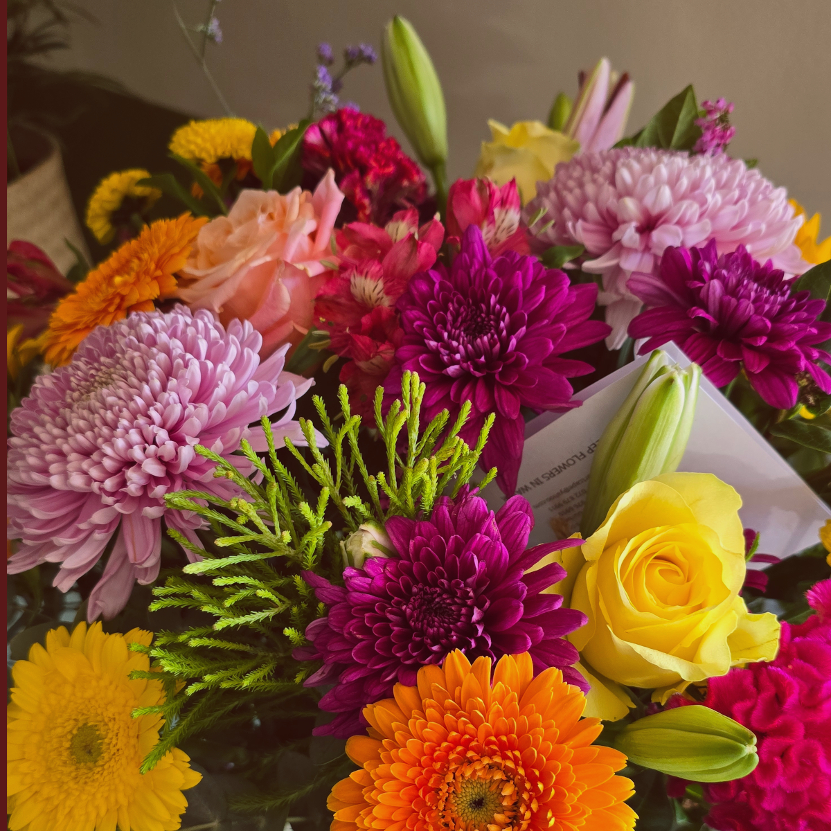 Close up picture of the flowers selection including a variety of brightly colored flowers